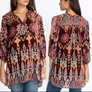 Johnny Was Geo velvet Burnout Mali Tunic Top Shirt Burgundy Tribal floral medium